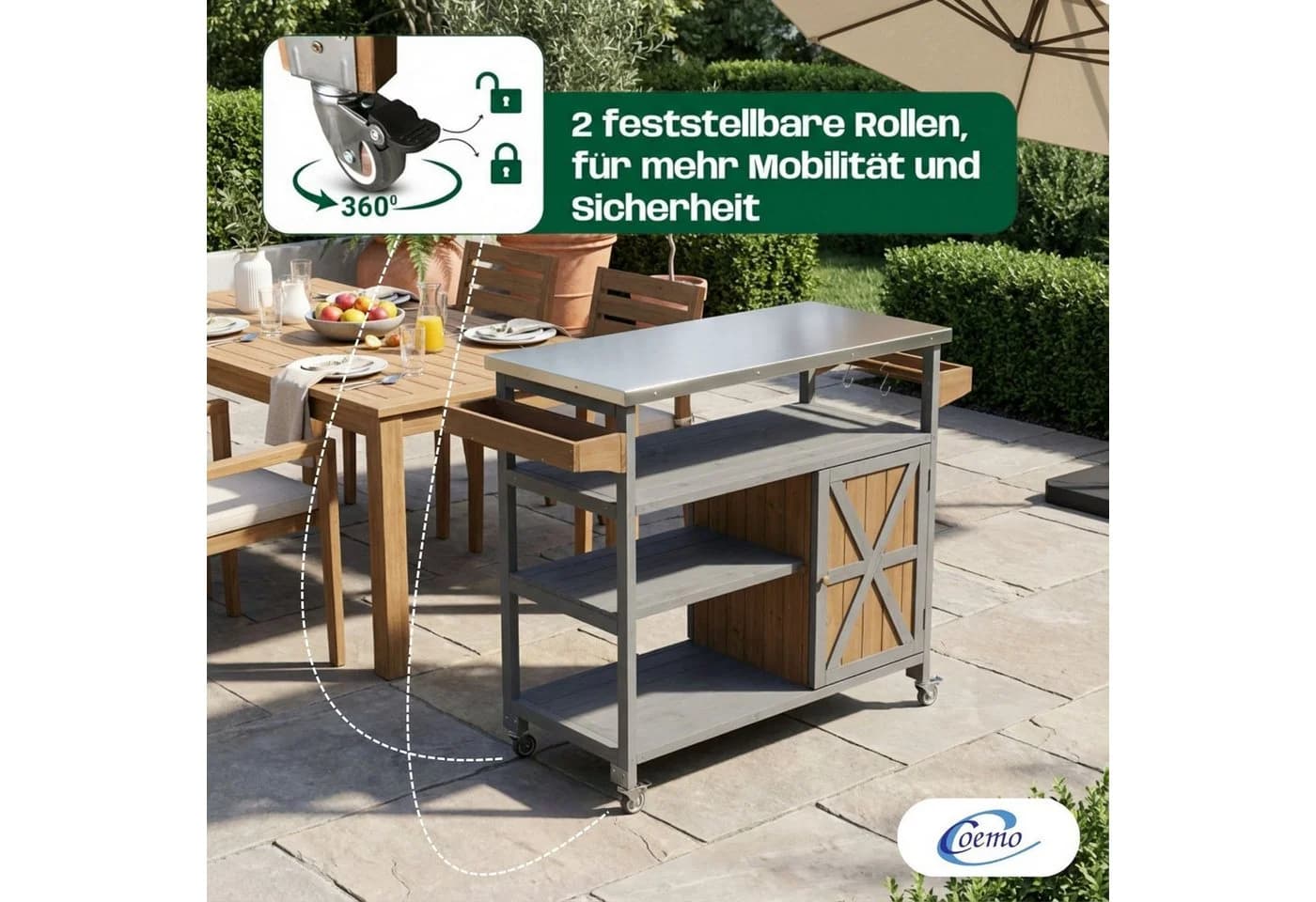 Coemo Servierwagen JAMES mit Rollen, Holz & Edelstahl, Grau/Braun - Bild 5