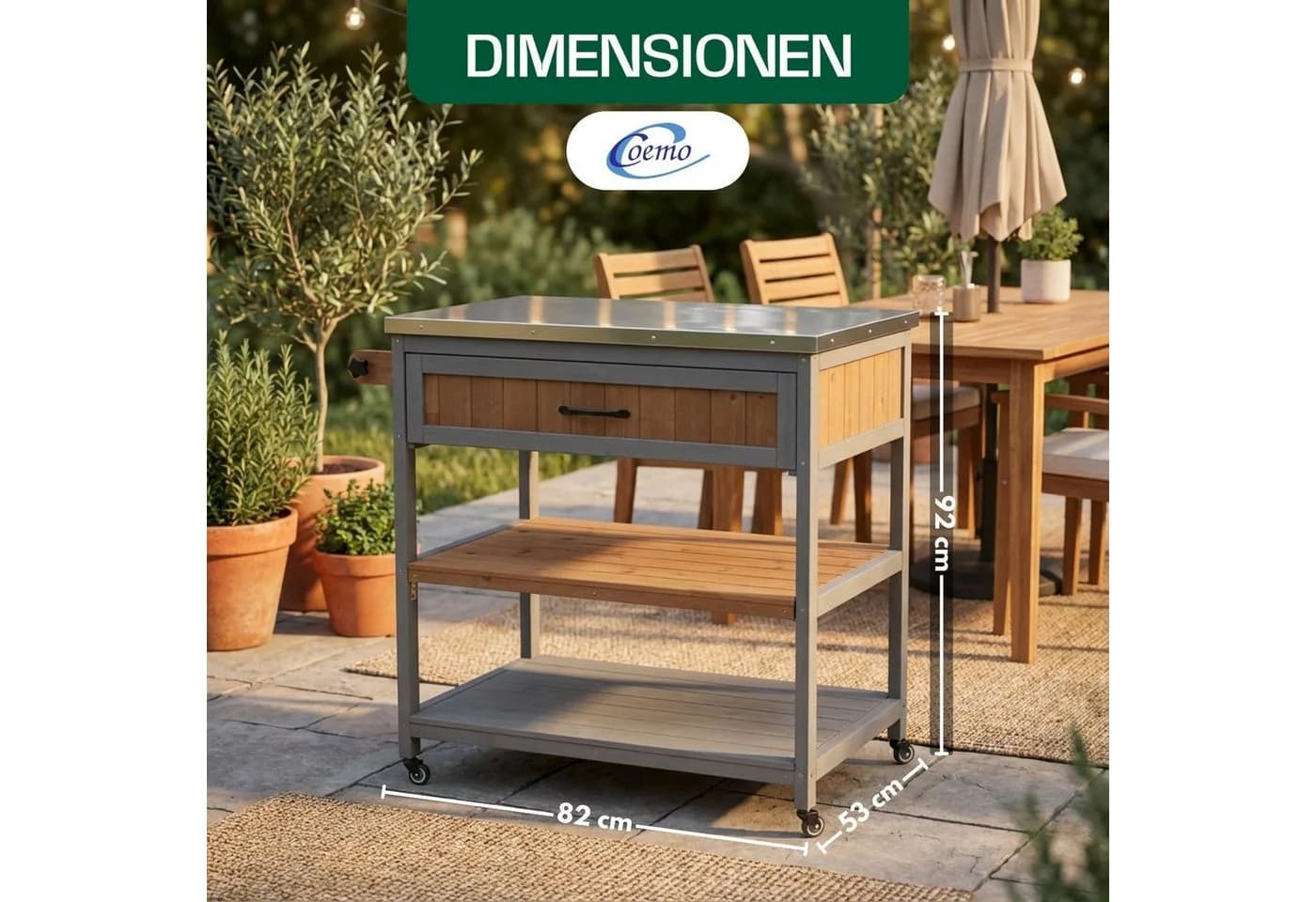 Coemo Servierwagen James Holz Edelstahl mit Rollen - Bild 3