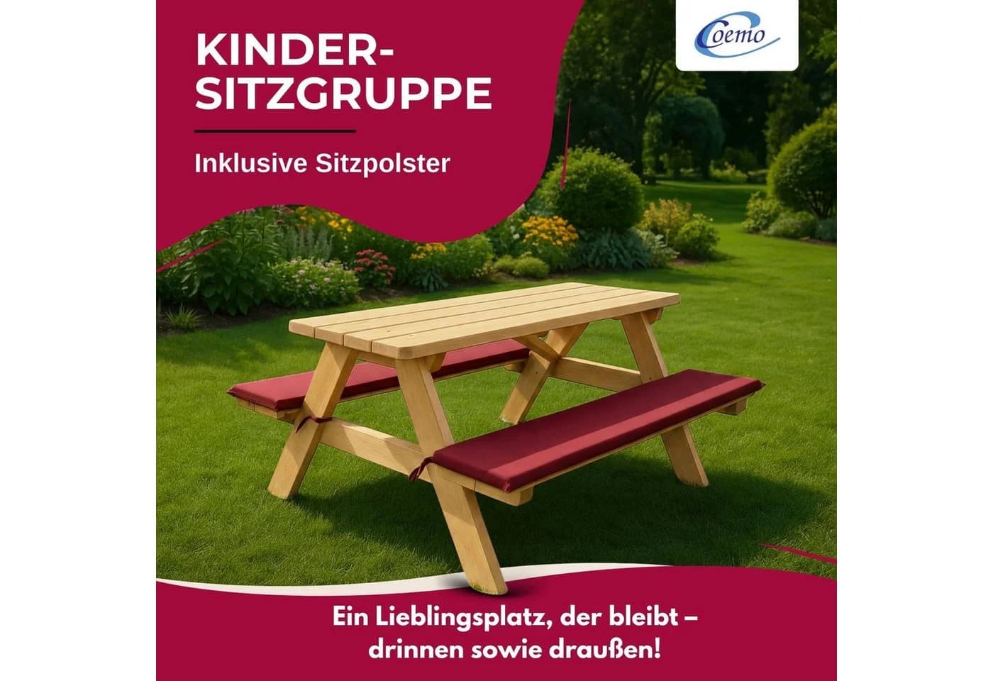 Coemo Garten-Kindersitzgruppe aus Massivholz mit roten Kissen