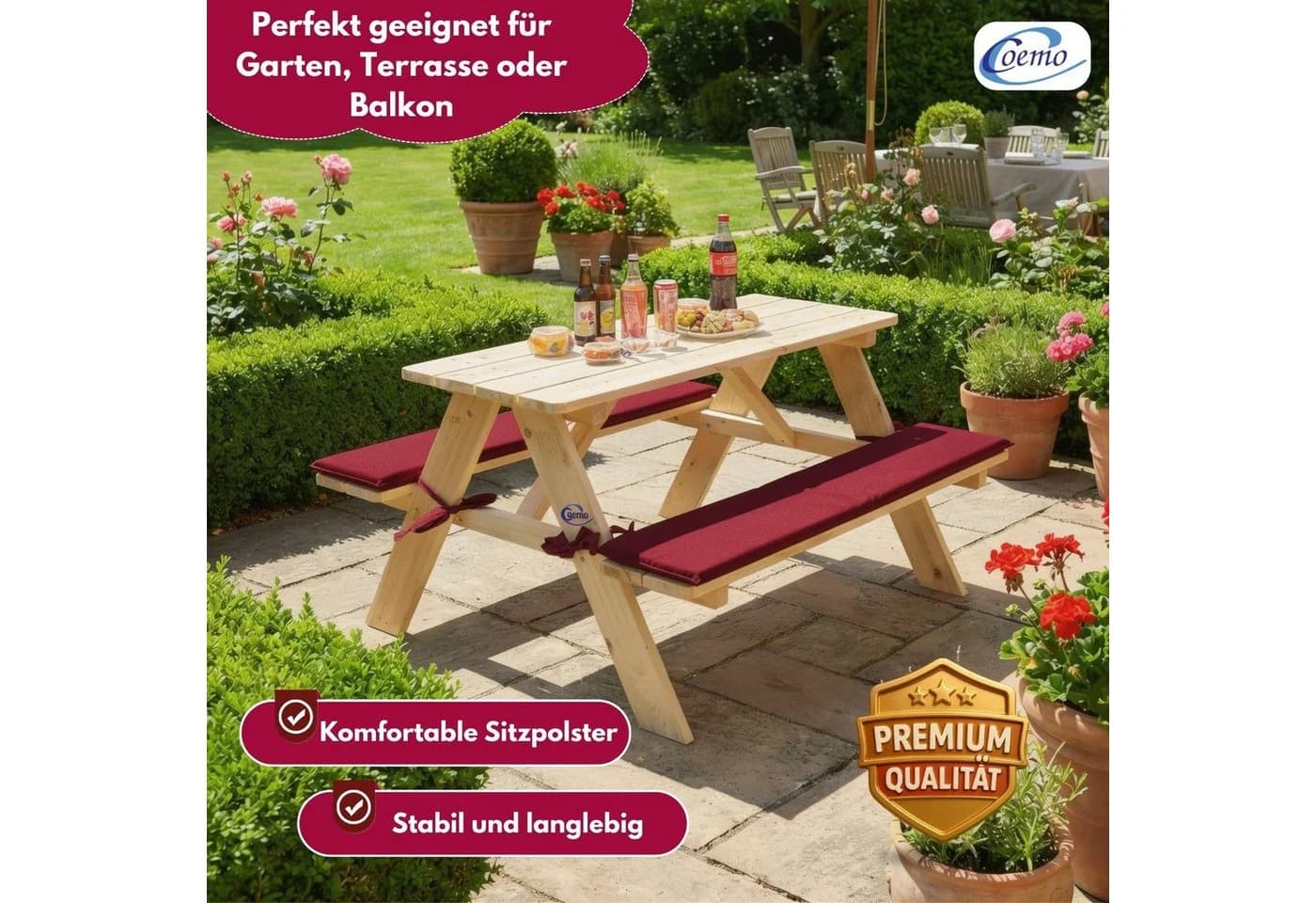 Coemo Garten-Kindersitzgruppe aus Massivholz mit roten Kissen - Bild 3
