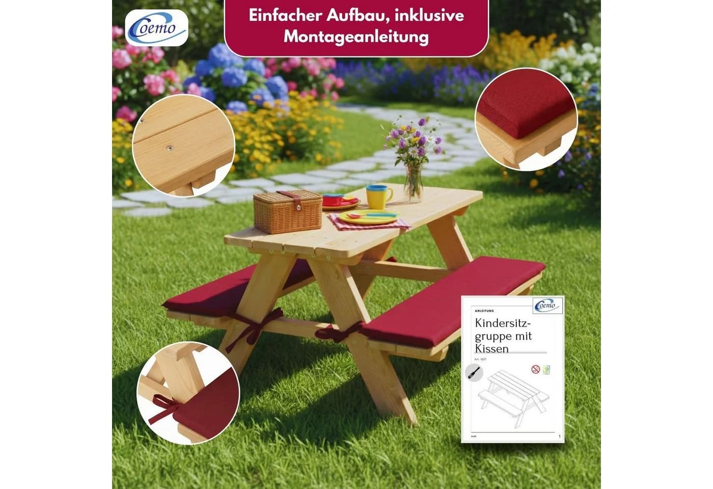 Coemo Garten-Kindersitzgruppe aus Massivholz mit roten Kissen - Bild 4