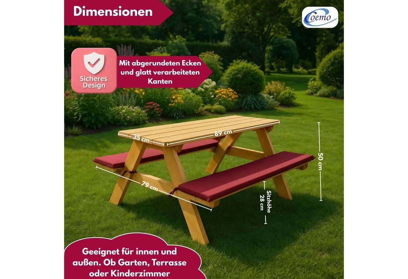 Coemo Garten-Kindersitzgruppe aus Massivholz mit roten Kissen - Bild 5
