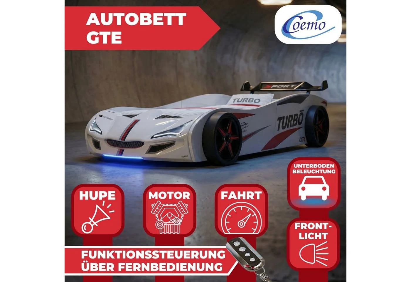 Coemo Autobett GTE Weiß mit LED-Beleuchtung und Motorgeräuschen - Bild 3