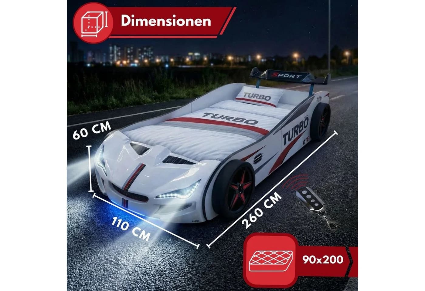 Coemo Autobett GTE Weiß mit LED-Beleuchtung und Motorgeräuschen - Bild 4
