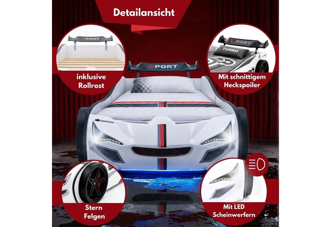 Coemo Autobett GTE Weiß mit LED-Beleuchtung und Motorgeräuschen - Bild 5