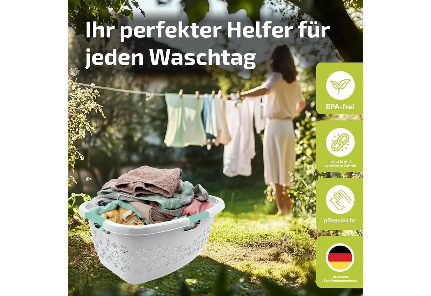 homesti Wäschekorb 50L Ergonomisch Weiß/Aquamarin Soft-Touch - Bild 3