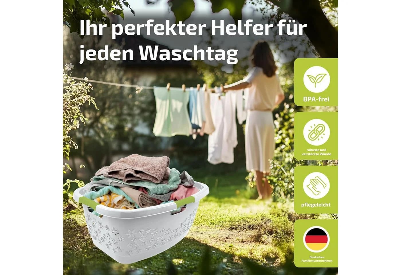 homesti Wäschekorb 50L Ergonomisch Nierenform Soft-Touch-Griffe Weiß/Grün