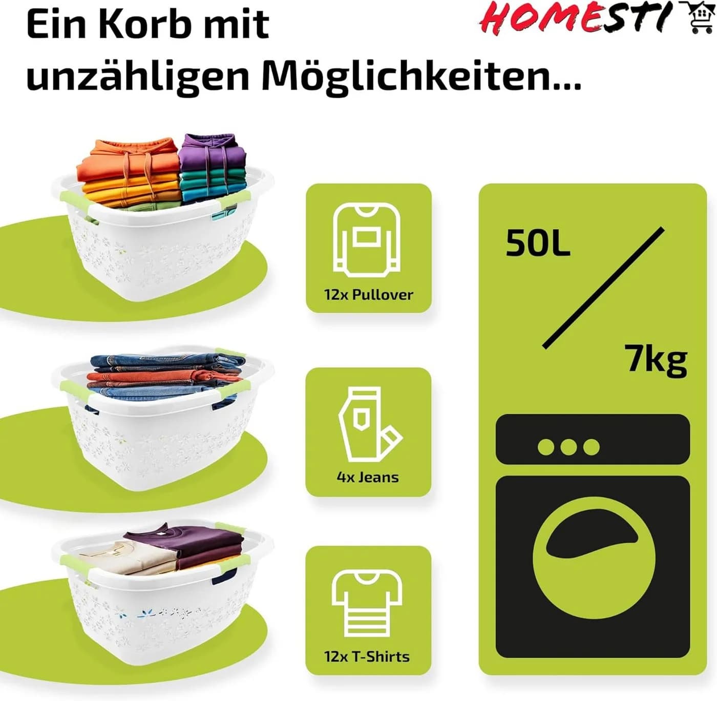 homesti Wäschekorb 50L Ergonomisch Nierenform Soft-Touch-Griffe Weiß/Grün - Bild 4