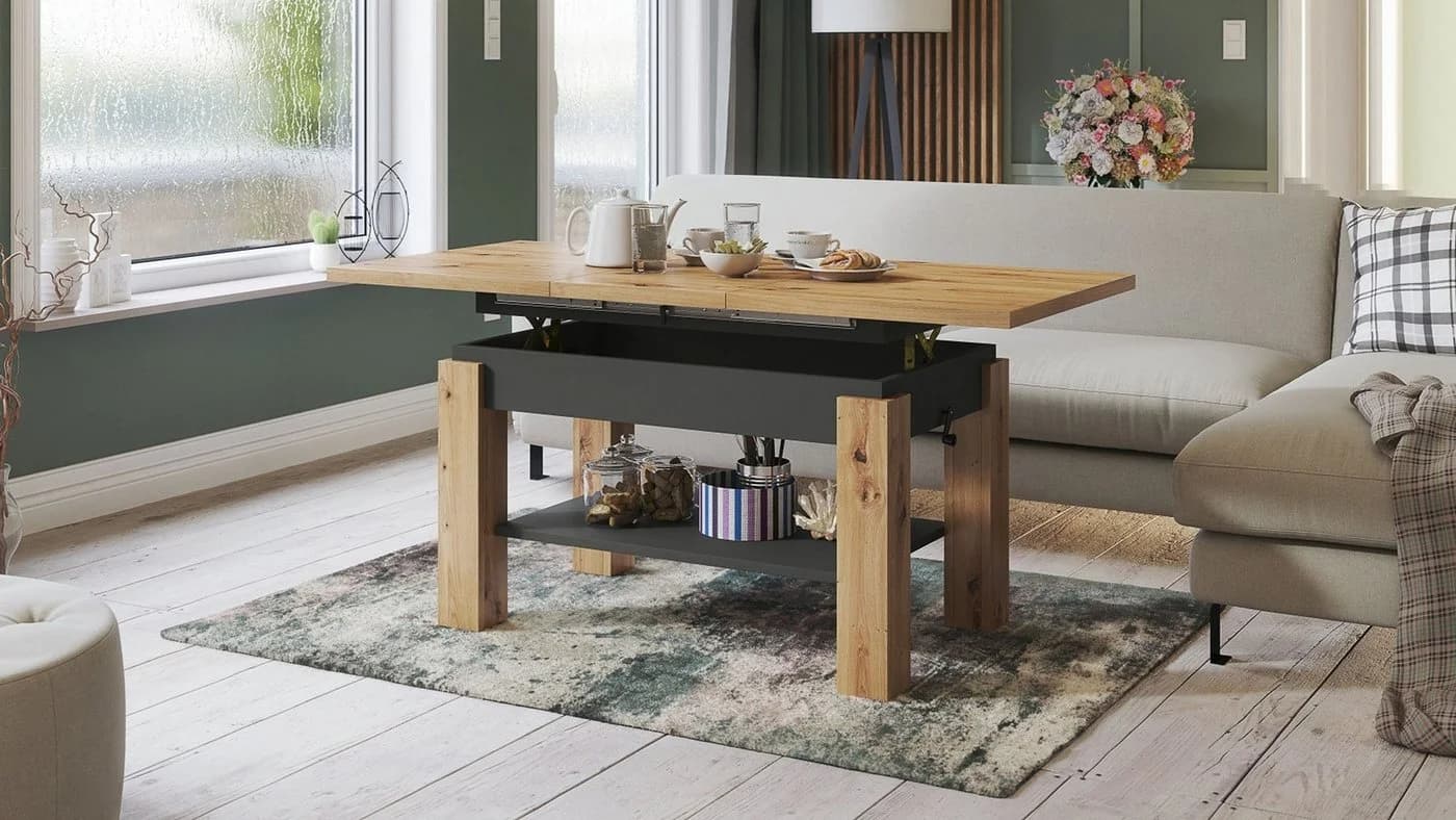 designimpex Couchtisch Astoria Eiche Artisan Anthrazit höhenverstellbar