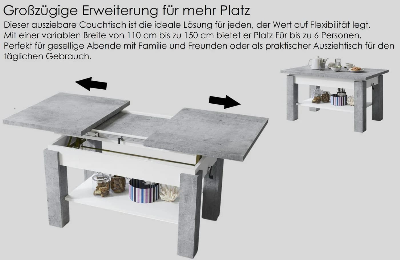 designimpex Couchtisch Astoria Eiche Artisan Anthrazit höhenverstellbar - Bild 5