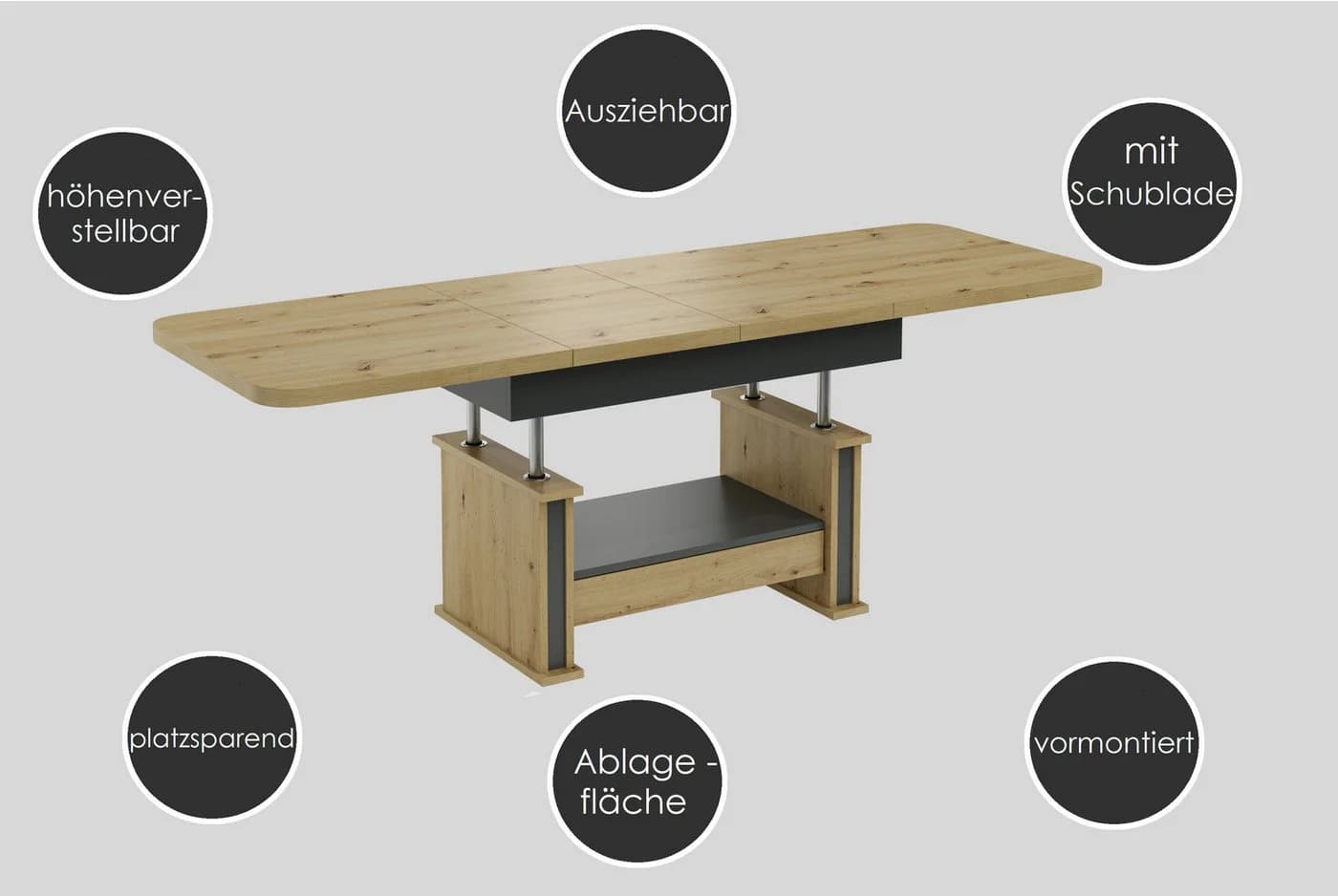 designimpex Couchtisch DA-555 grau höhenverstellbar ausziehbar - Bild 5