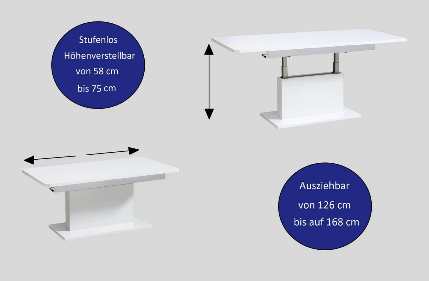 designimpex Couchtisch DC-1 Weiß Matt Stufenlos Höhenverstellbar Ausziehbar - Bild 3