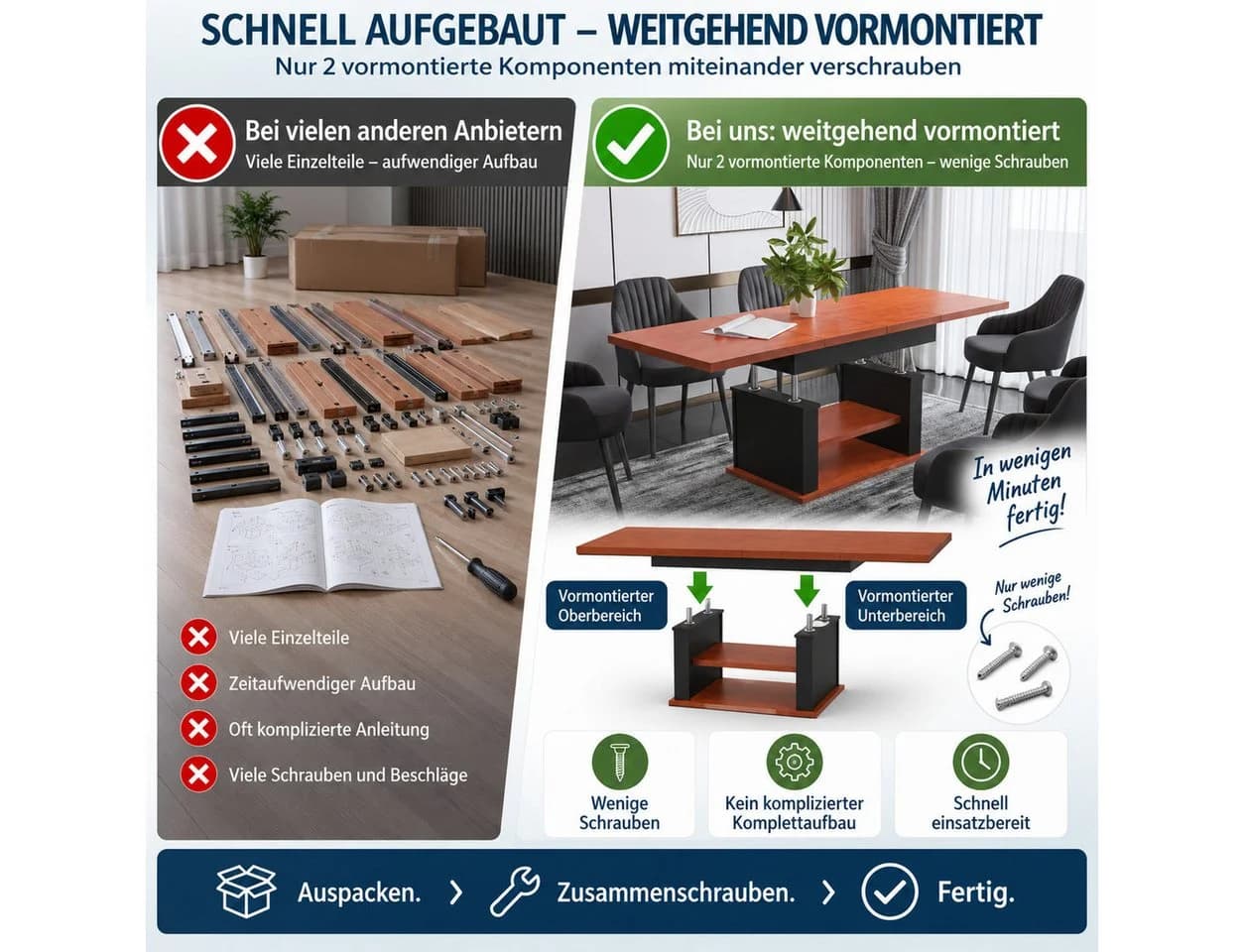 designimpex Couchtisch DA-666 höhenverstellbar ausziehbar 120/200 cm - Bild 3
