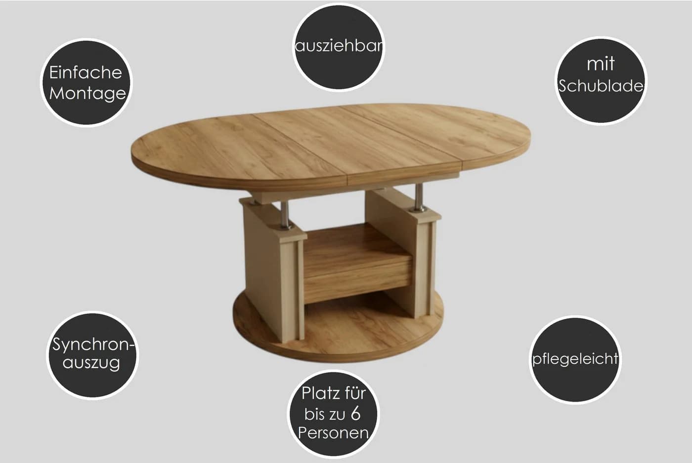 designimpex Couchtisch DA-999 rund ausziehbar höhenverstellbar beige - Bild 4