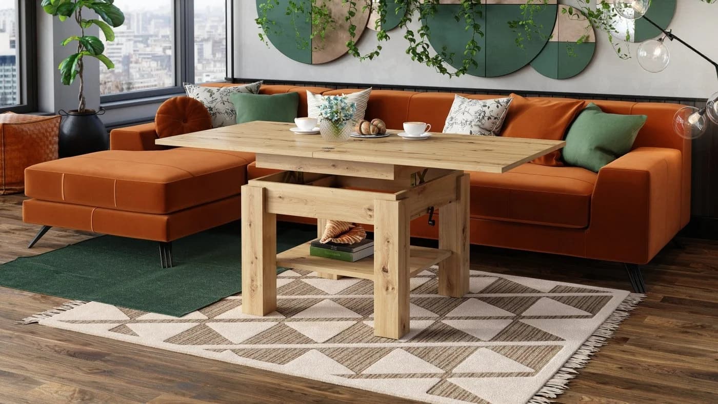 designimpex Cleo Couchtisch höhenverstellbar aufklappbar Eiche Artisan