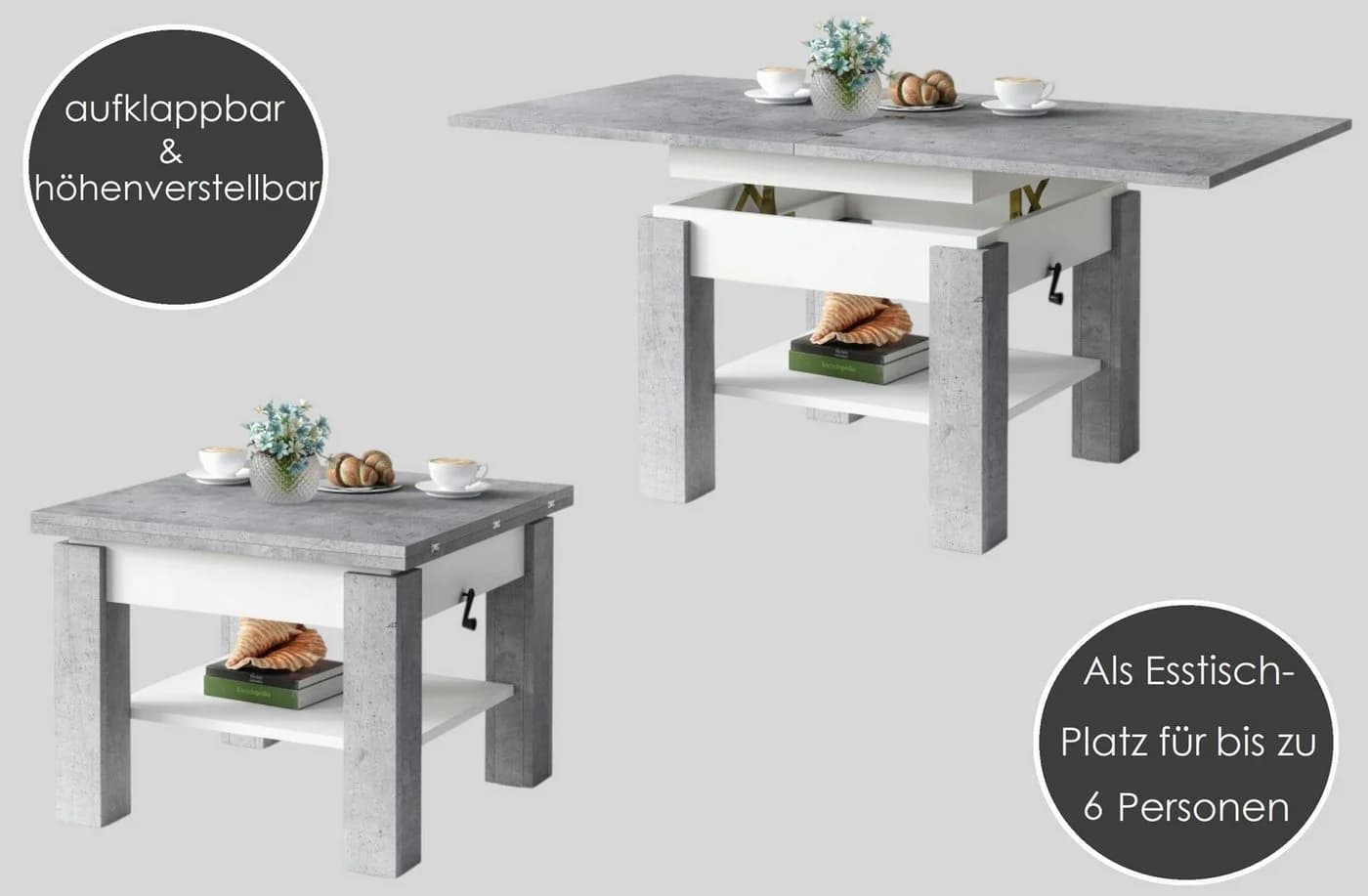 designimpex Cleo Couchtisch höhenverstellbar aufklappbar Eiche Artisan - Bild 4