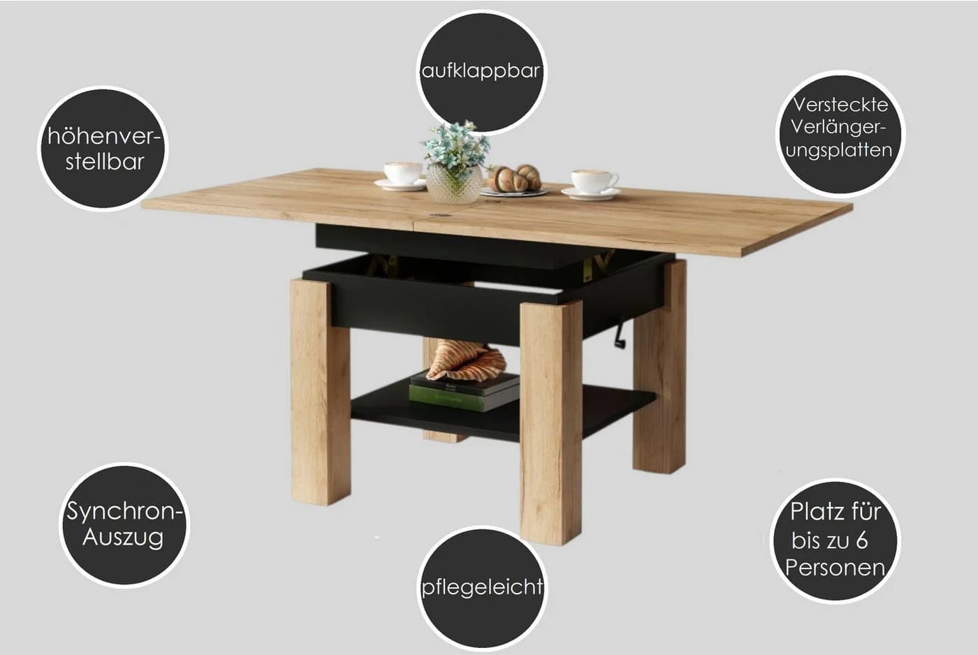 designimpex Cleo Couchtisch höhenverstellbar aufklappbar Eiche Artisan - Bild 5