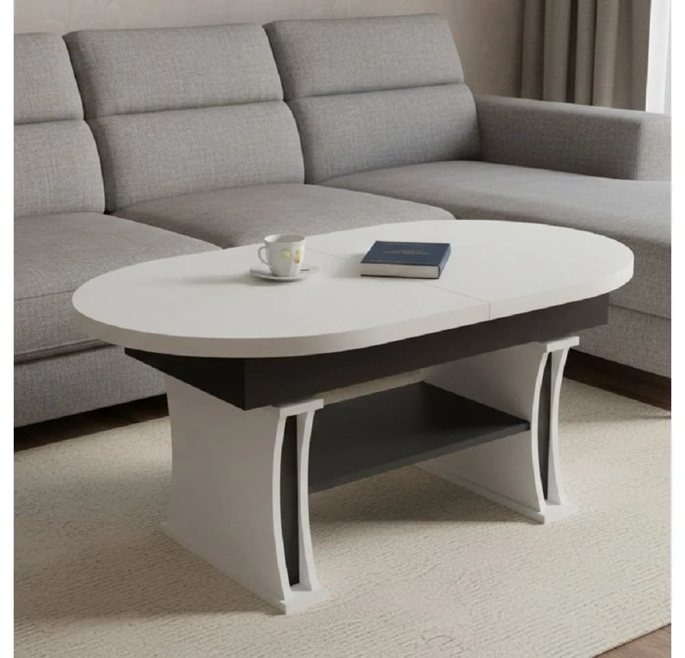 designimpex Couchtisch DA-130 oval ausziehbar höhenverstellbar Weiß/Schwarz