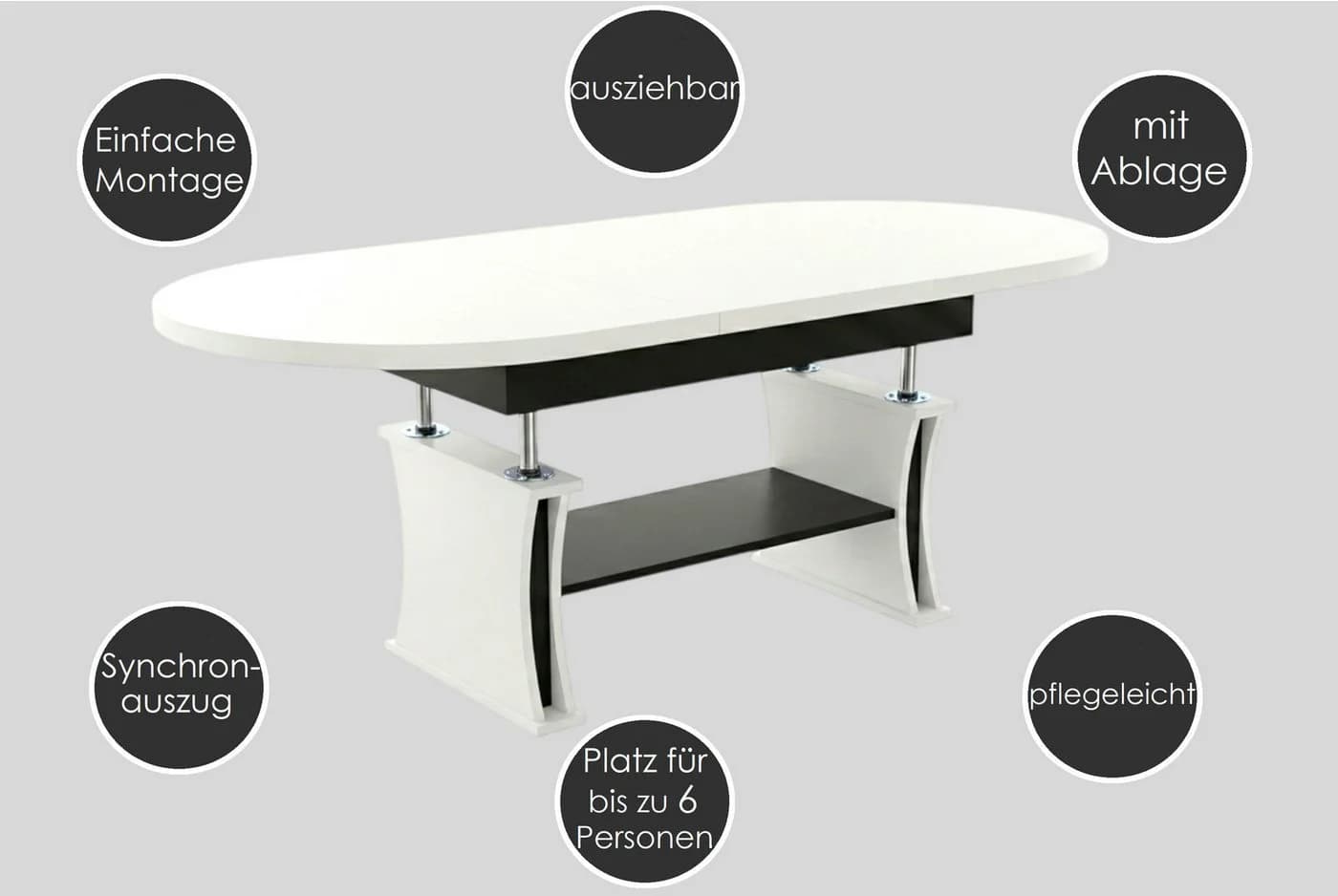 designimpex Couchtisch DA-130 oval ausziehbar höhenverstellbar Weiß/Schwarz - Bild 4