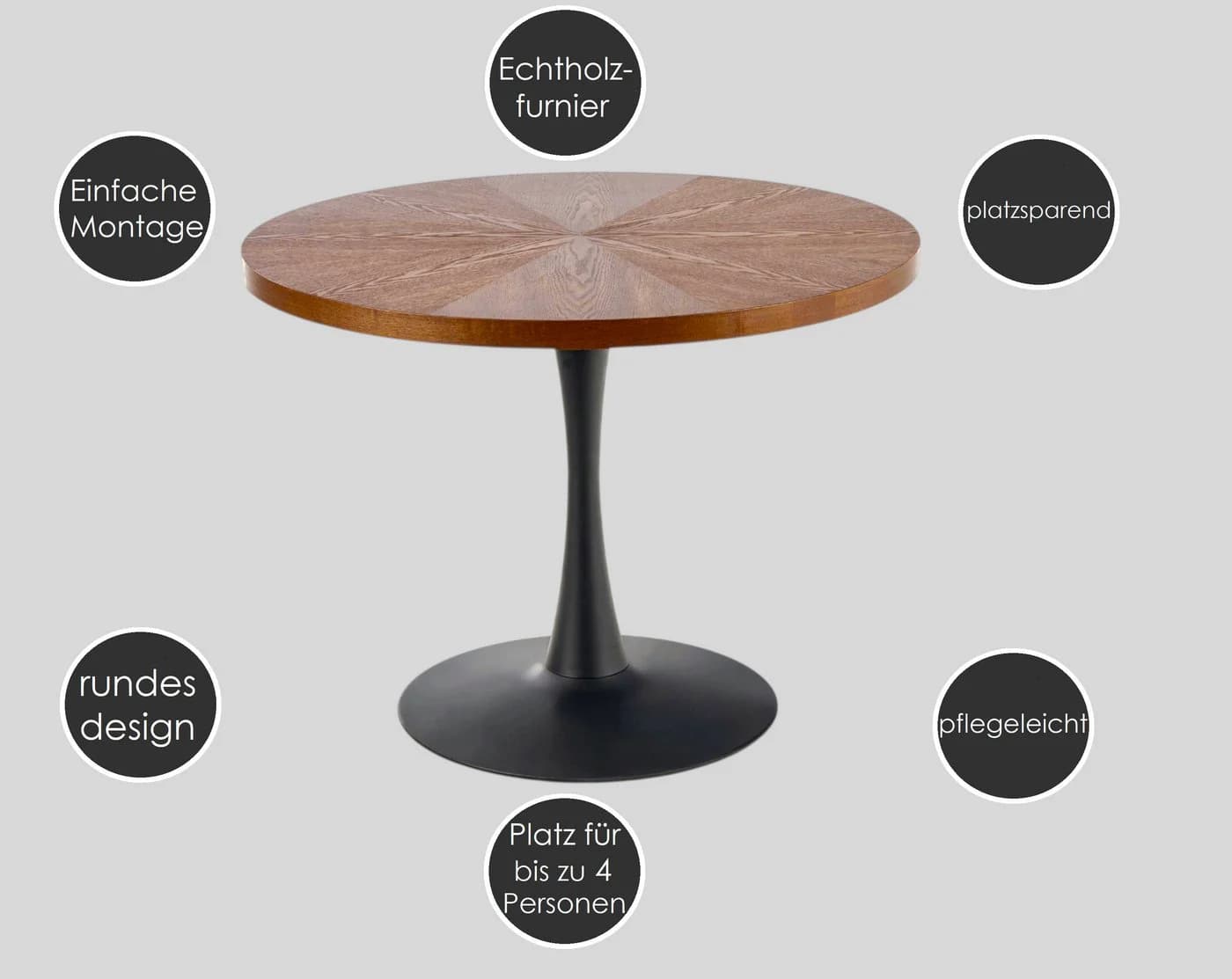 designimpex Esstisch rund Walnuss Wenge Schwarz Echtholzfurnier - Bild 4