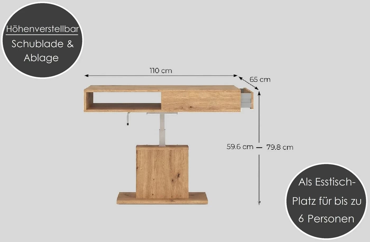 designimpex Couchtisch WM-3 höhenverstellbar mit Schublade Eiche Artisan - Bild 3