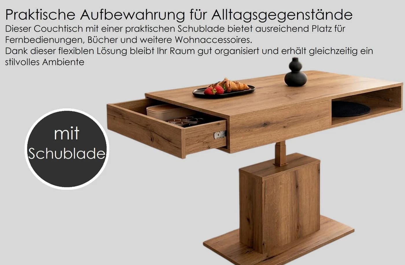 designimpex Couchtisch WM-3 höhenverstellbar mit Schublade Eiche Artisan - Bild 5