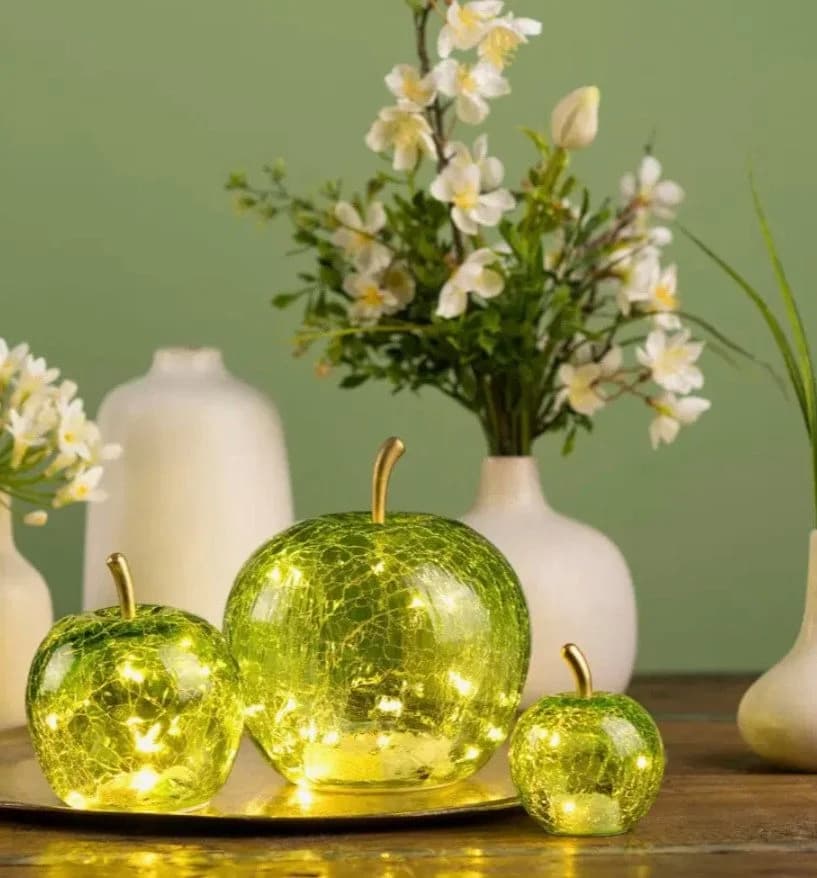 Seyila Home Dekofigur Glas Apfel LED Leuchte Crackle Grün Gold