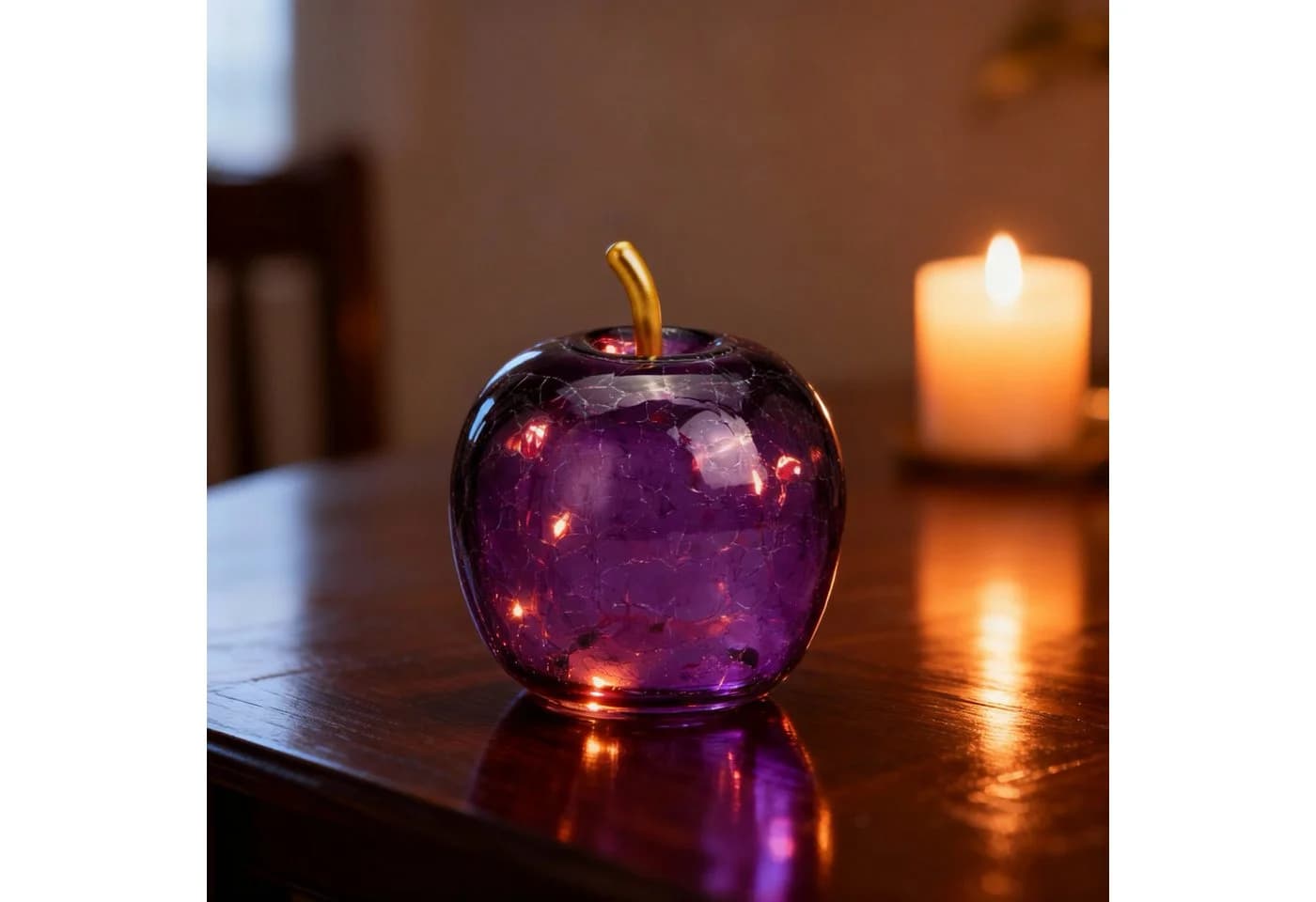 Seyila Home Dekofigur Glas Apfel Leuchte mit LED, Crackle-Effekt, Goldener Stiel
