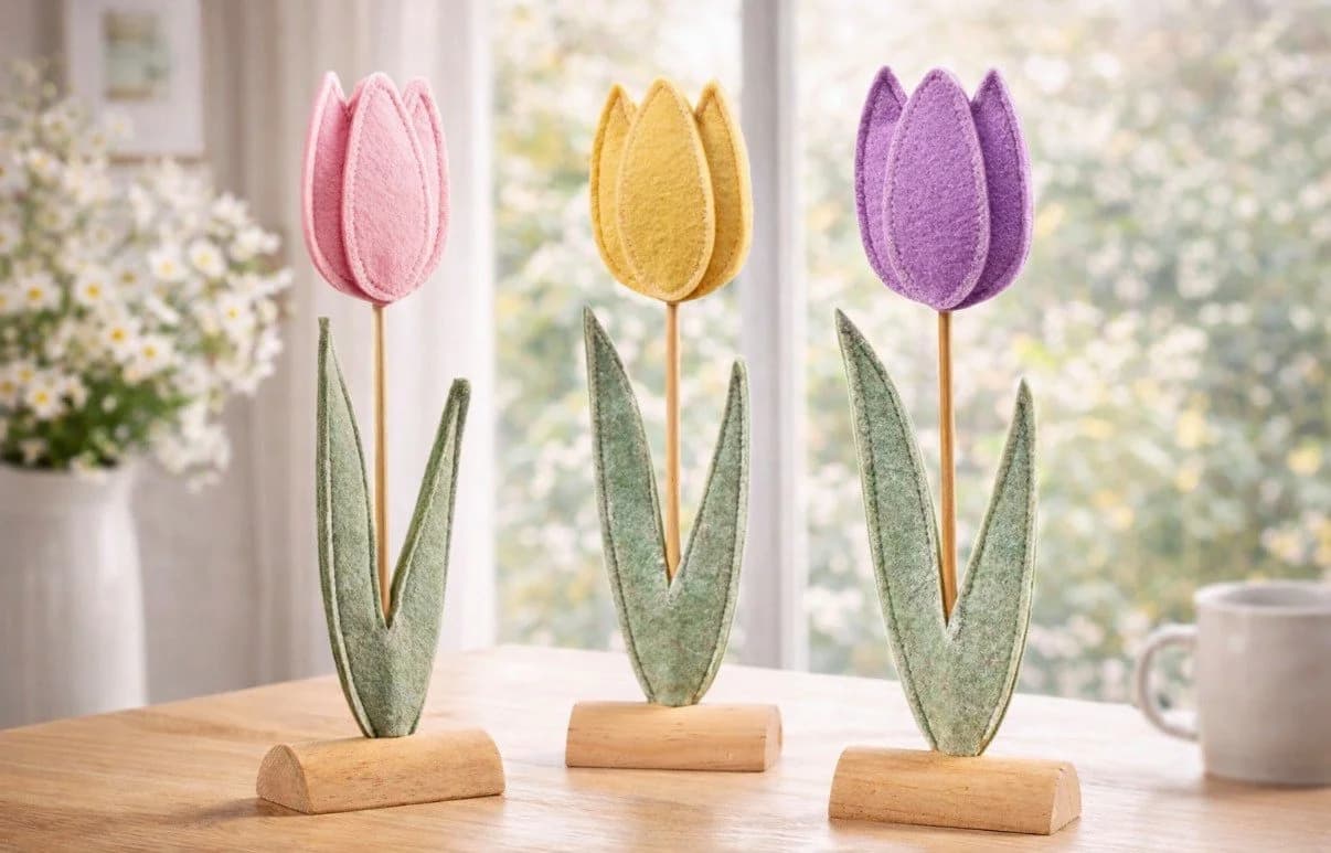 Seyila Home Dekofigur Tulpen aus Filz mit Holzfuß 3er Set Bunt
