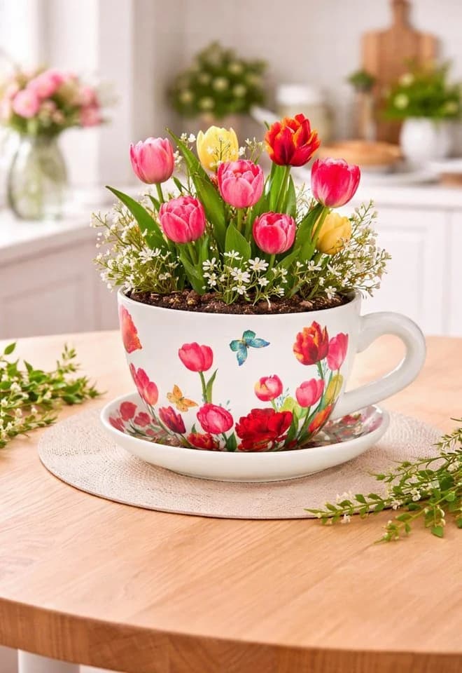 Seyila Home Pflanztasse aus Keramik mit Unterteller, Tulpenmotiv