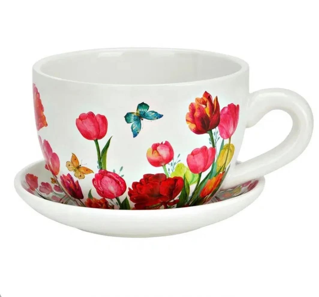 Seyila Home Pflanztasse aus Keramik mit Unterteller, Tulpenmotiv - Bild 2