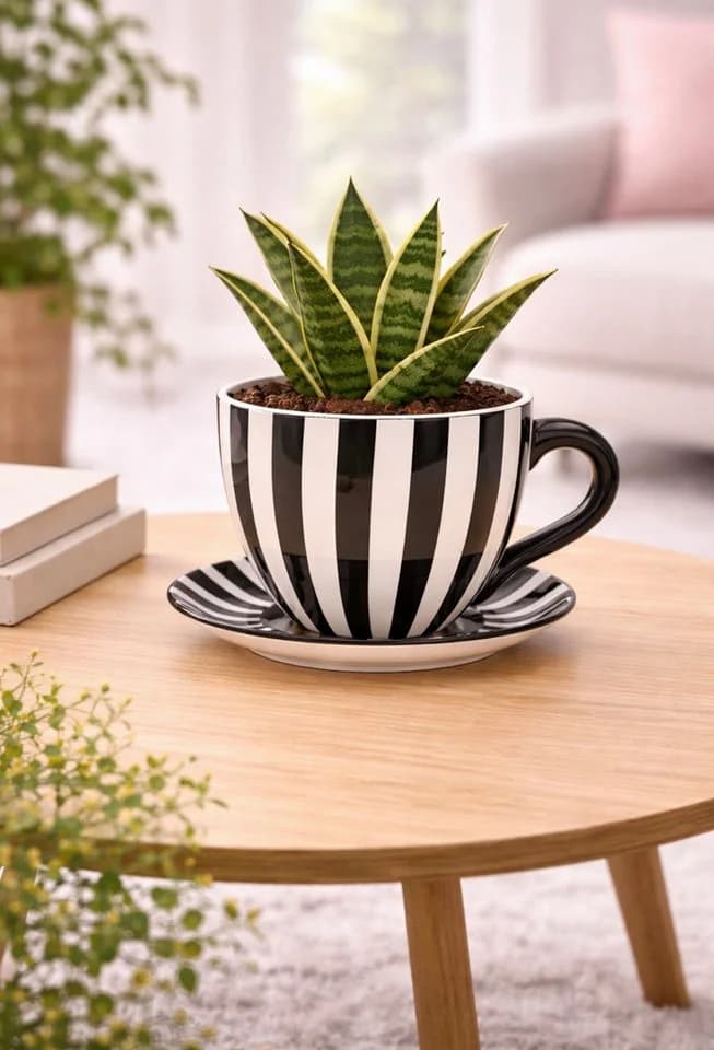 Seyila Home Pflanztasse aus Keramik mit Unterteller, Blumentopf Schwarzweiß