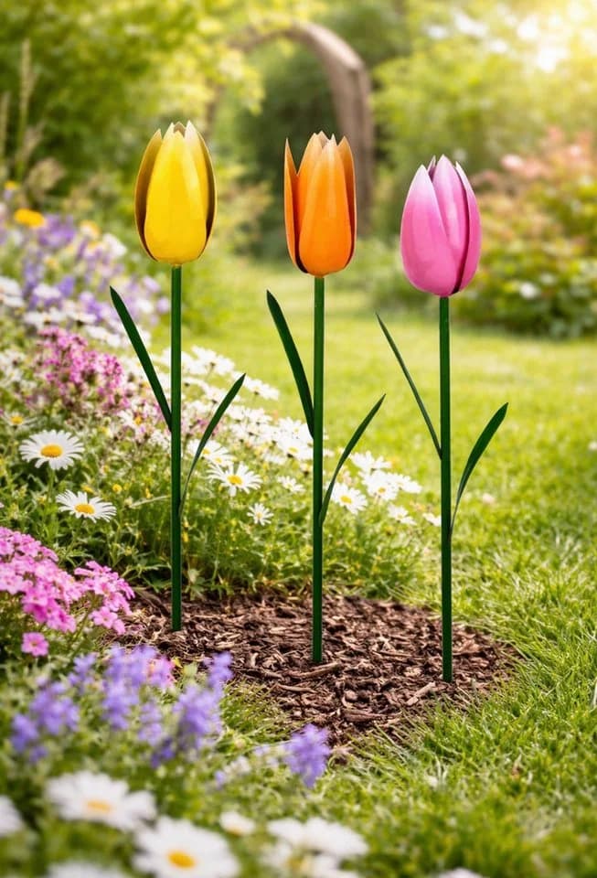 Seyila Home 3er Set Metall-Gartenstecker Tulpen Bunt