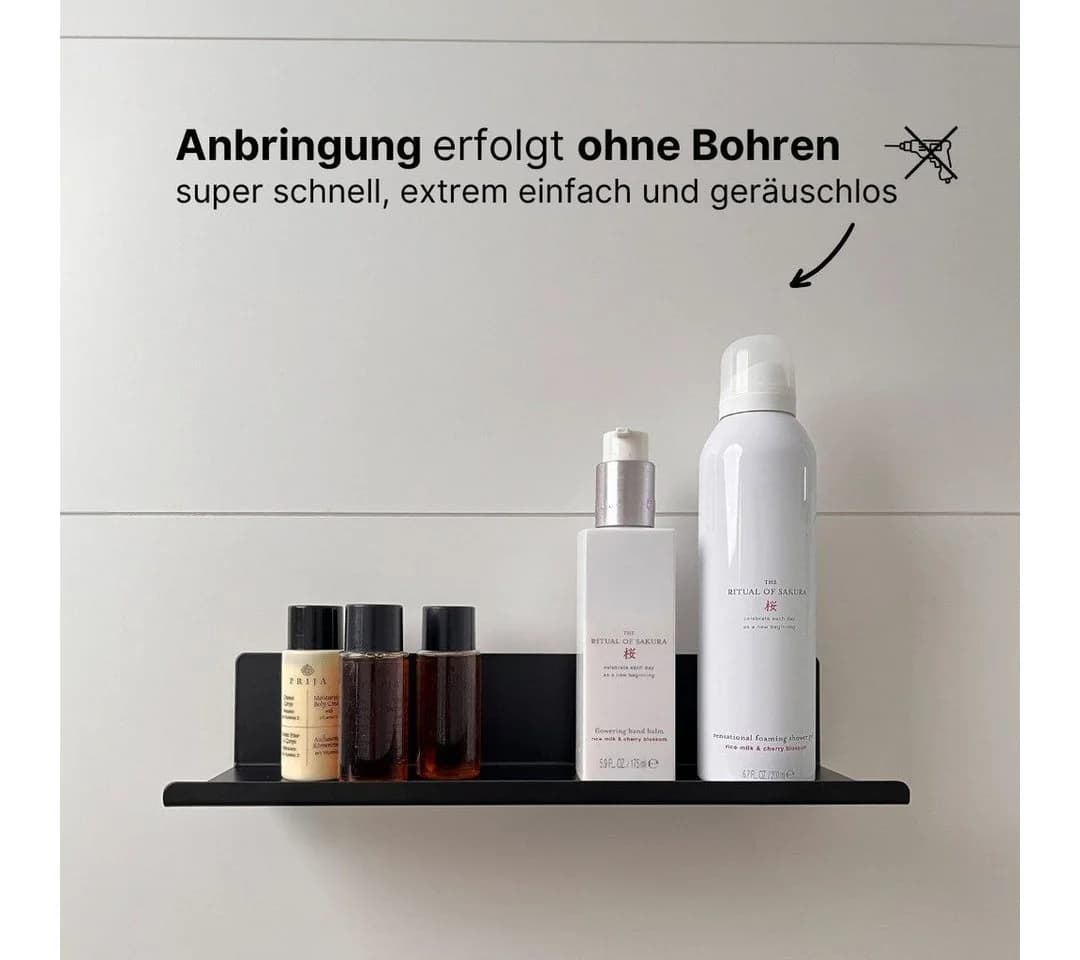 LIVINA HOME Duschablage ohne Bohren Schwarz mit 4 Haken