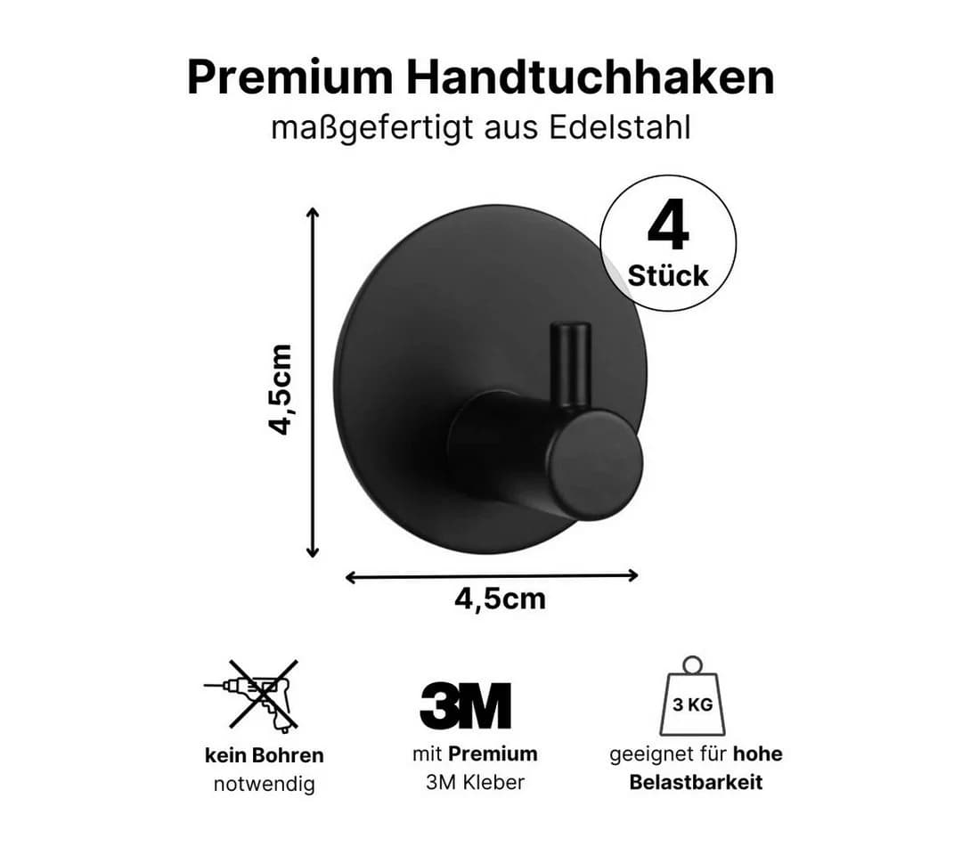LIVINA HOME Handtuchhaken selbstklebend 4er-Set Schwarz Edelstahl