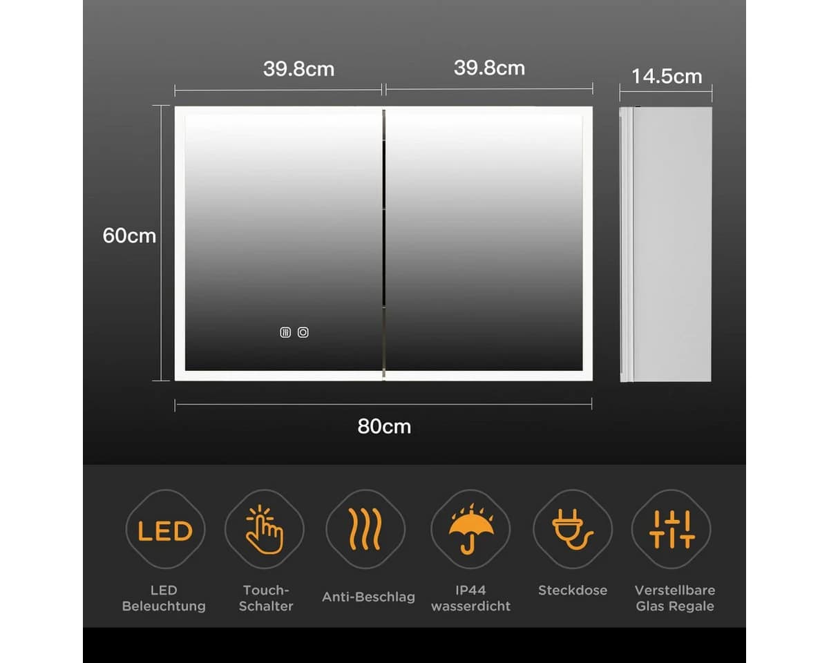 Gunuss Badezimmerspiegelschrank mit LED-Beleuchtung 80 x 60 cm