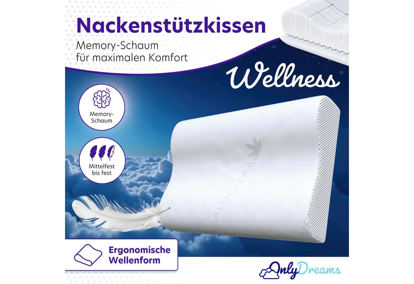 Träumegut24 OnlyDreams Nackenstützkissen Memoryschaum Aloe Vera Bezug Weiß
