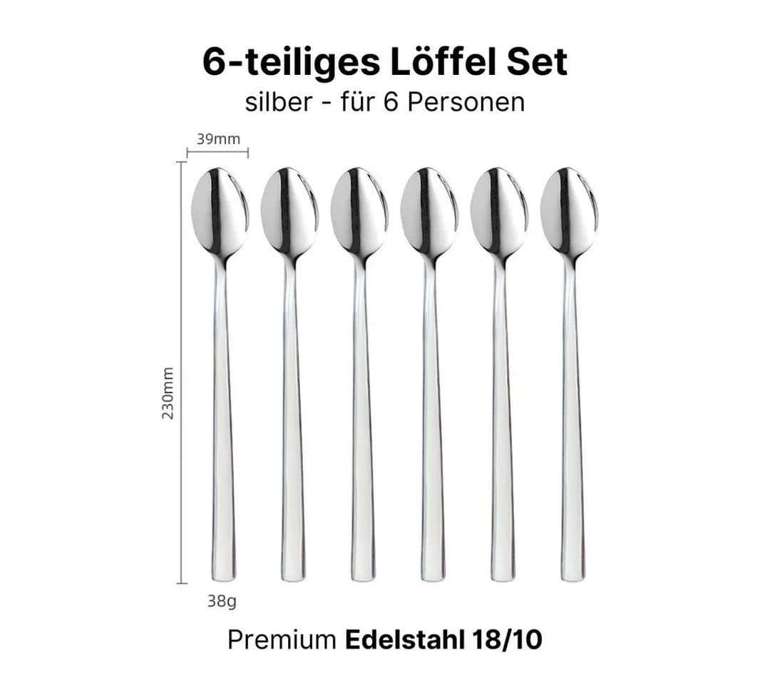 LIVINA HOME Latte-Macchiato-Löffel 6er Set Edelstahl 18/10 Silber Extra Lang