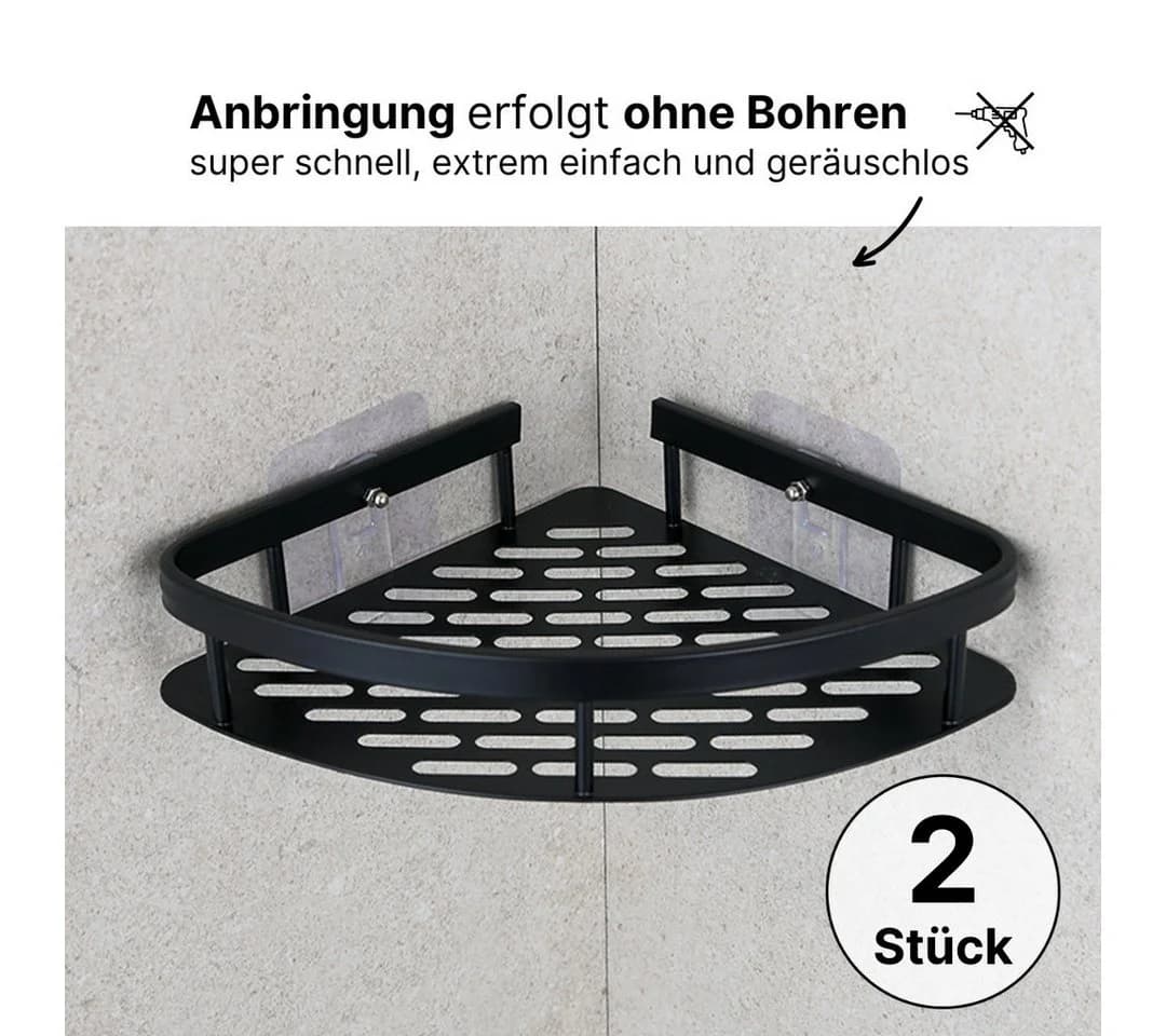 LIVINA HOME Duschablage ohne Bohren, Duschablage zum Hängen, Duschkorb Eck in Schwarz, 2-tlg., Eck Badregal, Duschregal, Duschzubehör, Badezimmerorganizer, +4 Haken