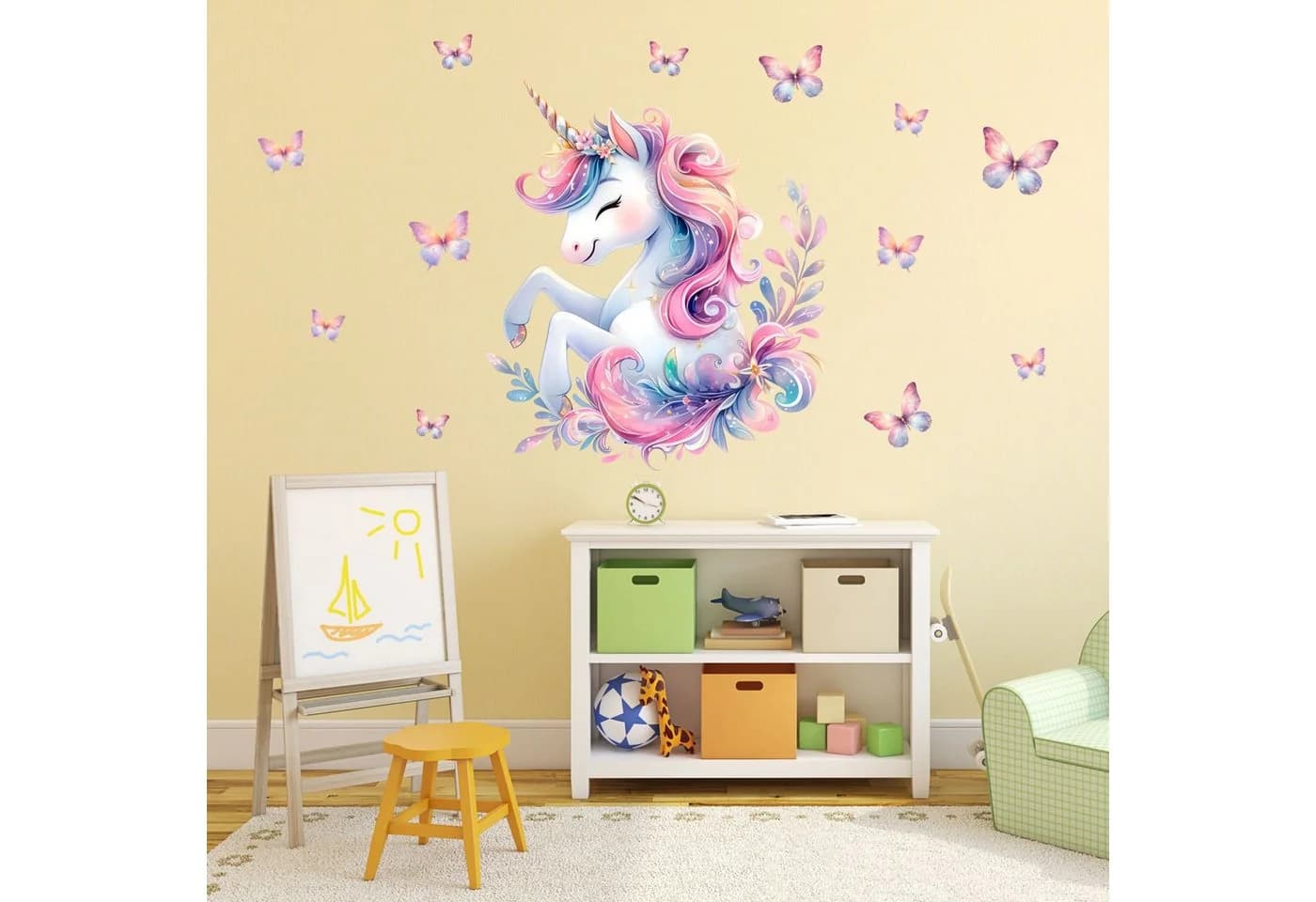 nikima Wandtattoo Einhorn mit Schmetterlingen Bunt PVC-Folie
