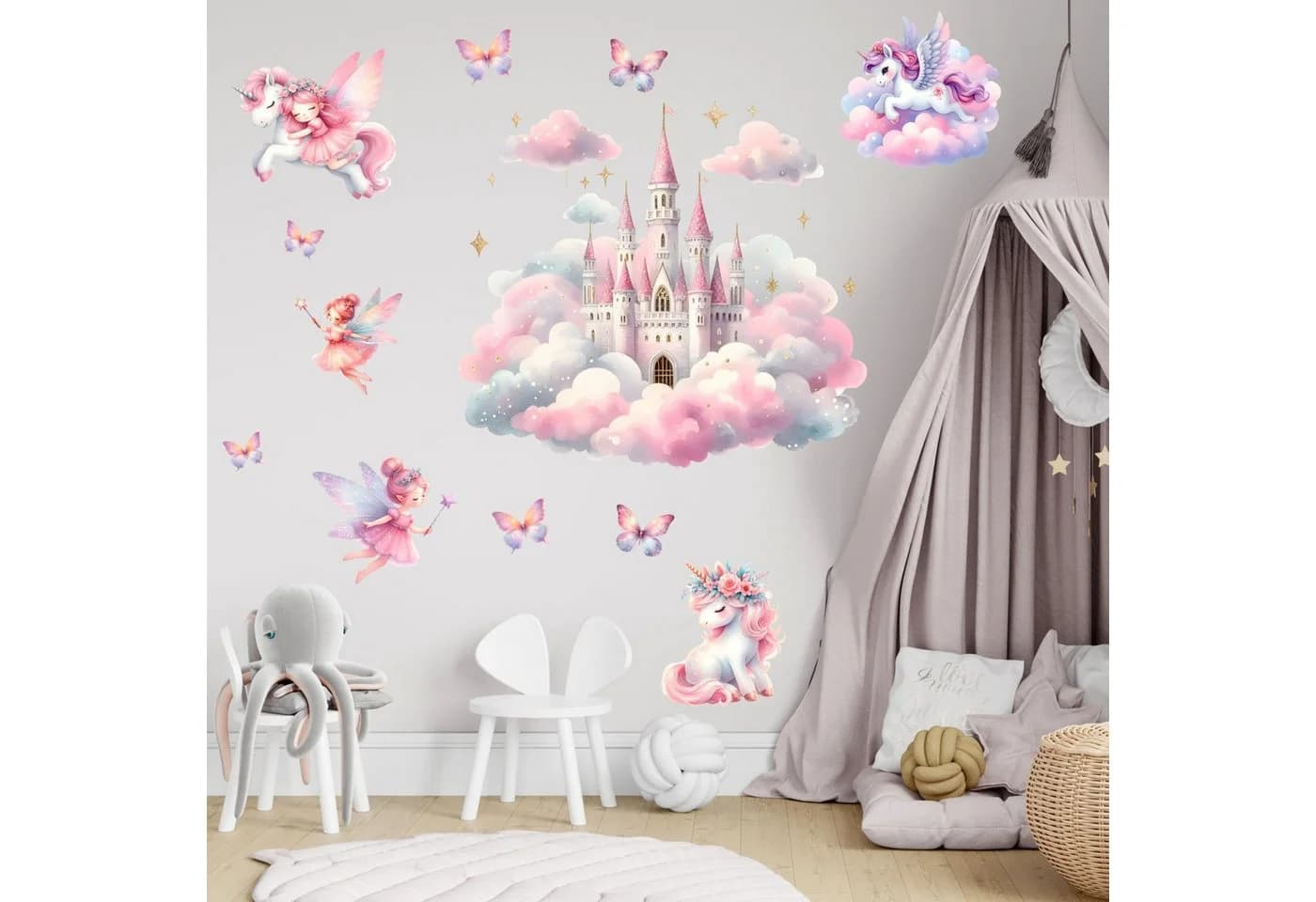 nikima Wandtattoo Schloss auf Wolken mit Feen Pastell-Rosa Aquarell
