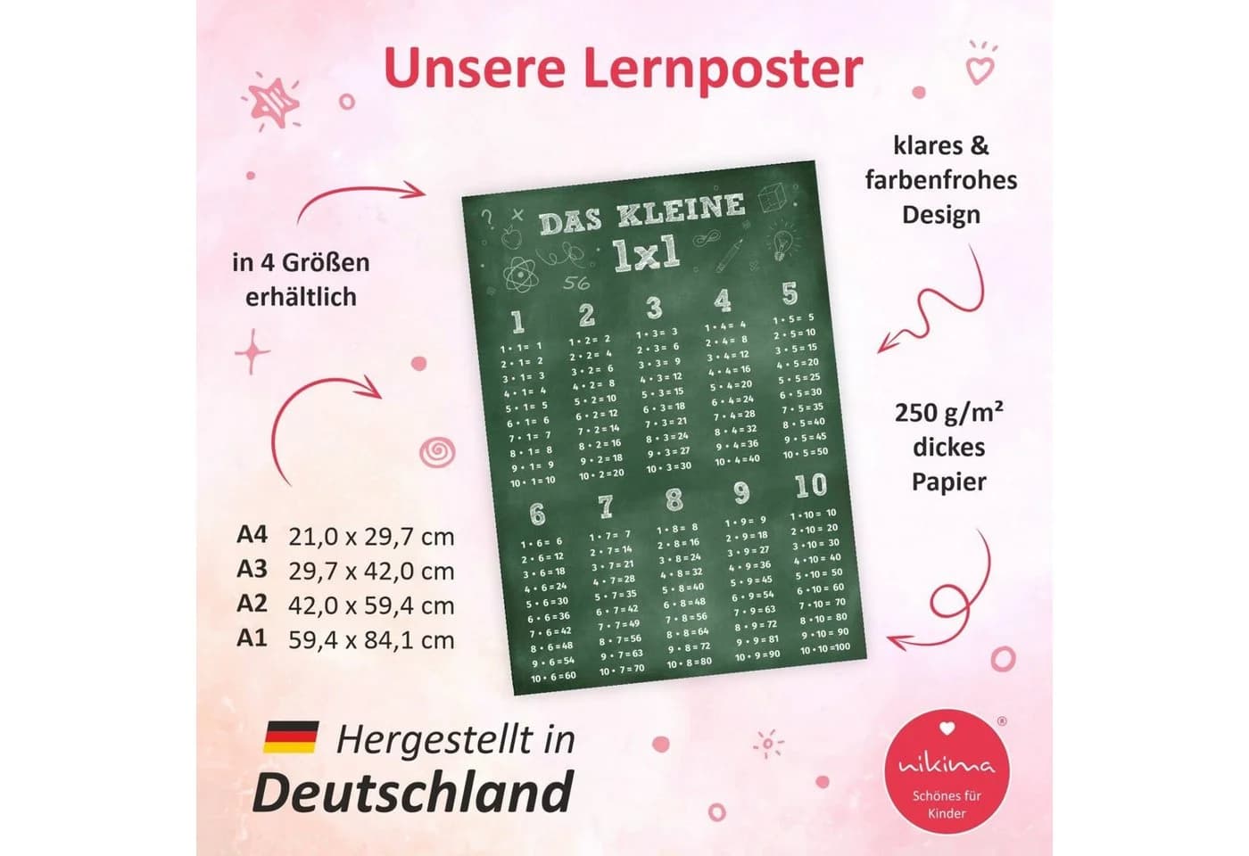 nikima Poster Kinder Lernposter - das kleine 1x1 Tafel Bunt