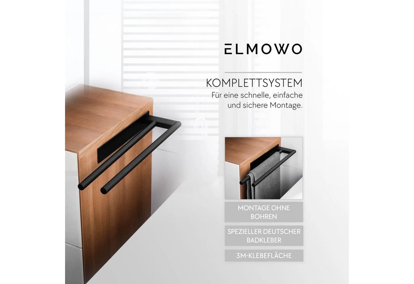 ELMOWO Handtuchhalter Schwarz Edelstahl Doppel 3M Klebe - Bild 4