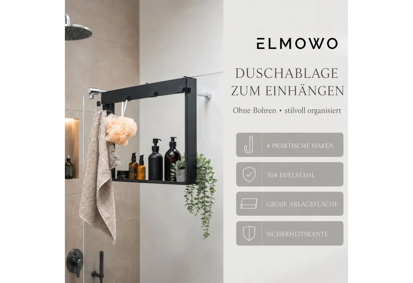 ELMOWO Duschablage Schwarz Edelstahl für Glastür - Bild 4