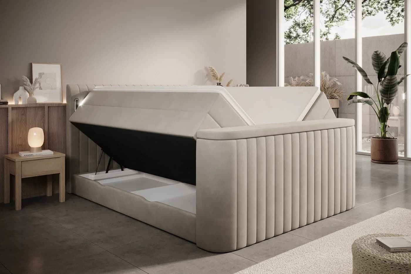 wonello Boxspringbett FLY mit TV-Lift, Bettkasten, LED-Beleuchtung, Samt, Beige