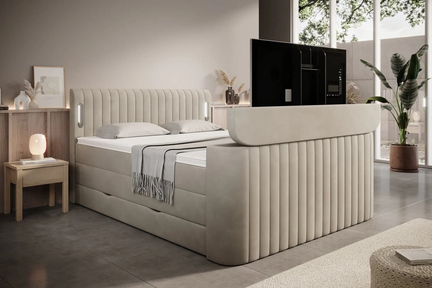wonello Boxspringbett FLY mit TV-Lift, Bettkasten, LED-Beleuchtung, Samt, Beige - Bild 2
