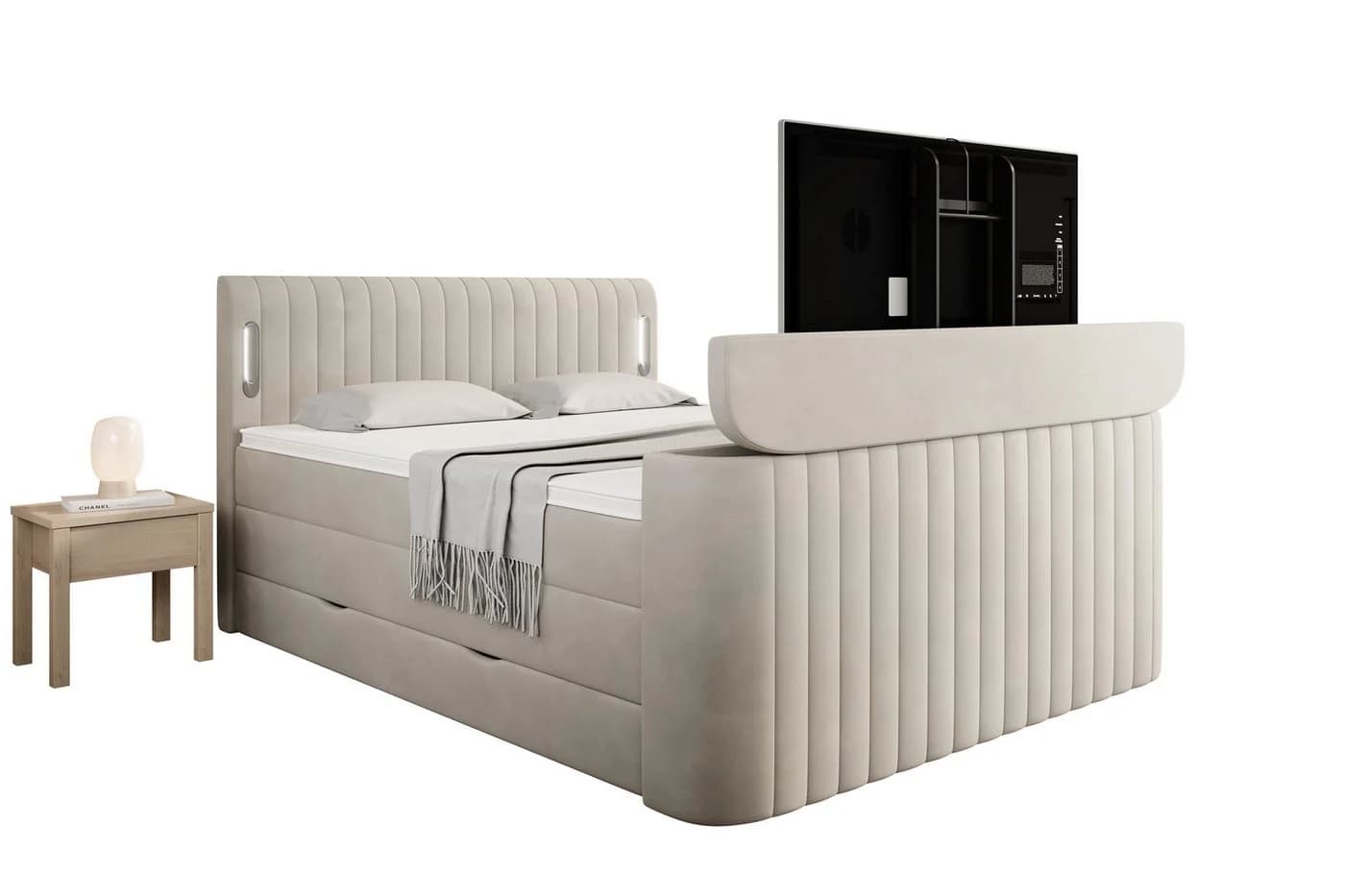 wonello Boxspringbett FLY mit TV-Lift, Bettkasten, LED-Beleuchtung, Samt, Beige - Bild 3