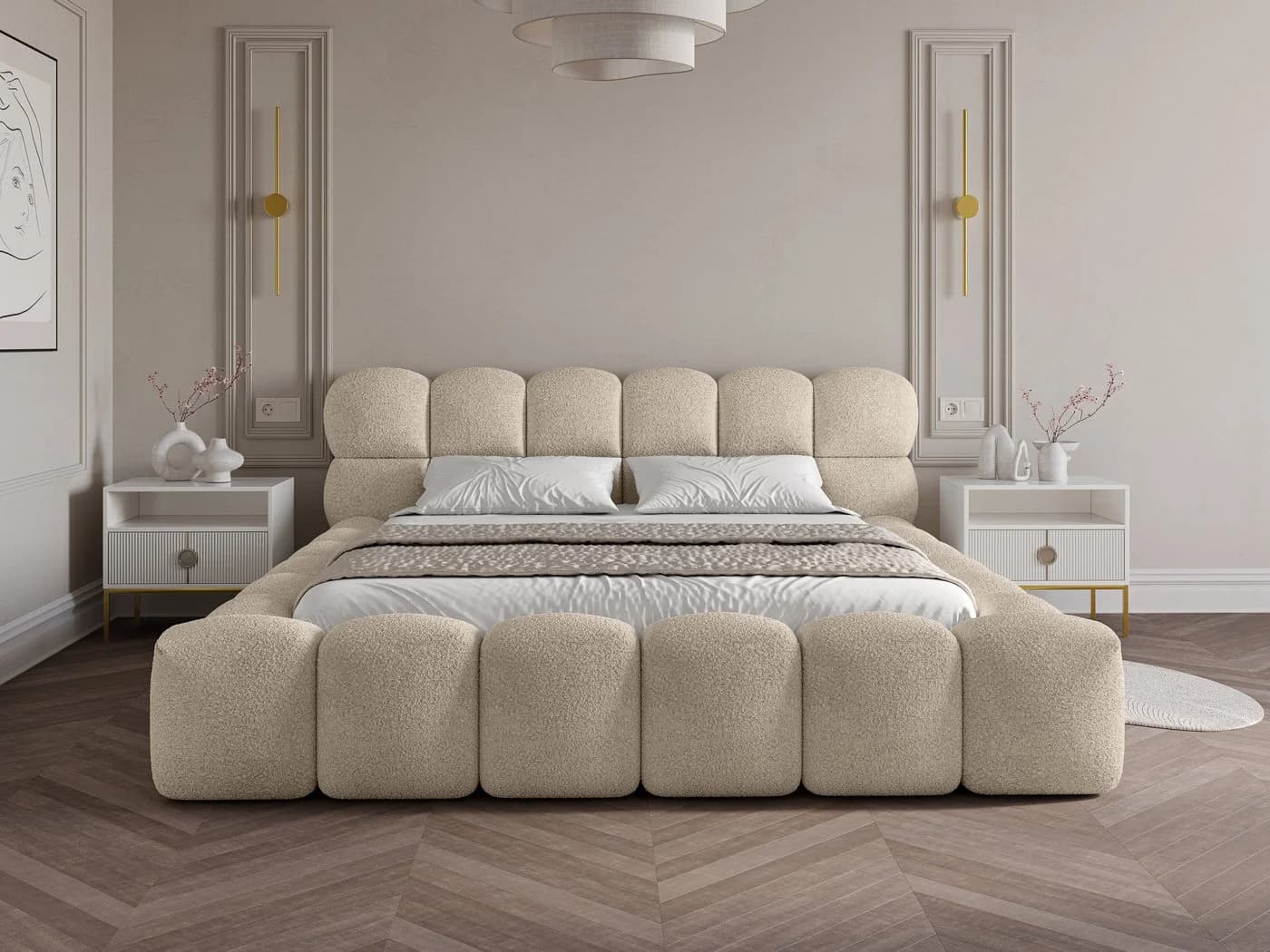 wonello Polsterbett Mira mit Bettkasten Boucle-Stoff Beige