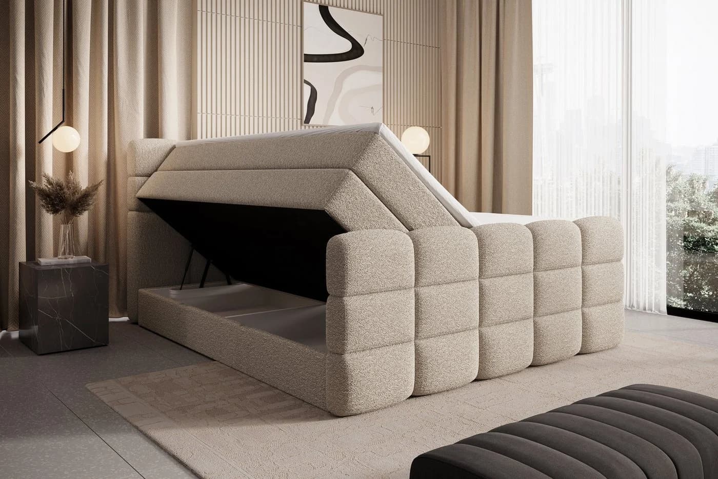 wonello Boxspringbett Carenzo Beige mit Bettkasten und Topper