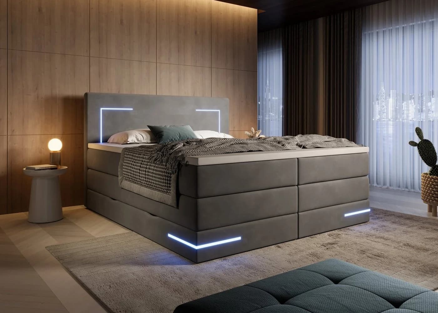 wonello Boxspringbett Detroit Samt grau mit LED Beleuchtung und Bettkasten - Bild 2